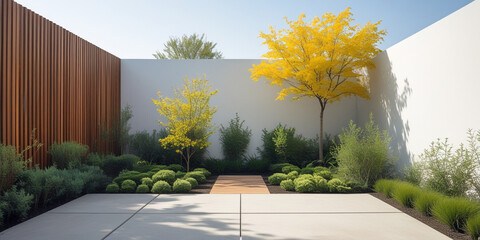 Modern garden with yellow trees and wooden path green bushes