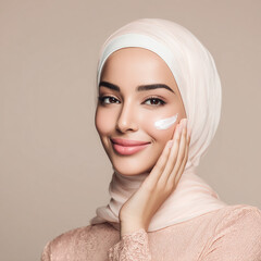 Applying facial cream for skincare routine, portrait of a beautiful Muslim woman made with generative AI
