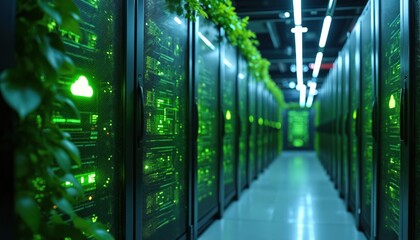 Green technology data center featuring eco friendly servers integrated with vibrant foliage. Image signifies sustainable solutions, cloud computing, harmony between nature, modern infrastructure,