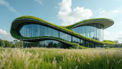 Modern building architecture features curved glass facades and a living green roof. This structure showcases innovative, eco-sustainable design with geometric lines integrating nature and urban space.