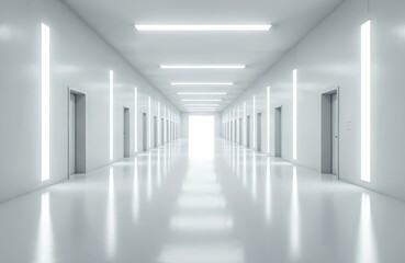 Obraz premium Expansive white corridor perspective. Features symmetrical doors, bright fluorescent lights, and a shiny floor creating a sterile, modern, futuristic ambiance.