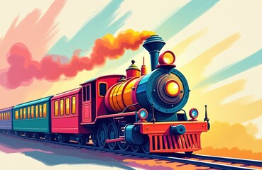 Colorful cartoon train with red locomotive, carriages moves along railway tracks. Brightly drawn steam engine emits cheerful pink, orange smoke. Dynamic motion, whimsical illustration create joyful