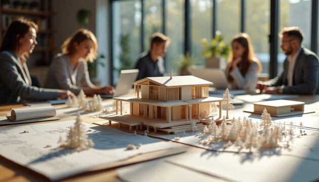 Architects collaborate on sustainable housing design using digital models, sketches in bright studio. Team brainstorms innovative eco-friendly building concepts, focusing on process, collaboration