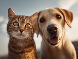 A cat and a dog are standing next to each other. The dog has a pink tongue. The cat is orange and has a yellow eye
