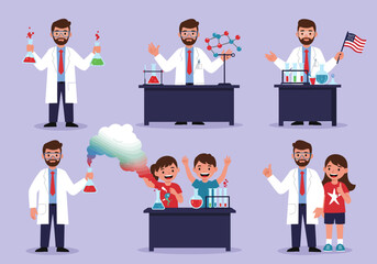 Fototapeta premium A set of cartoon illustrations shows a male scientist in a lab coat conducting experiments, teaching children, and holding a flag.
