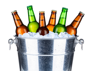Metal Bucket Filled with Ice and Chilled Beer Bottles, isolated on transparent background