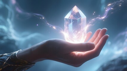 A hand gently cradles a glowing crystal, surrounded by ethereal light and energy.