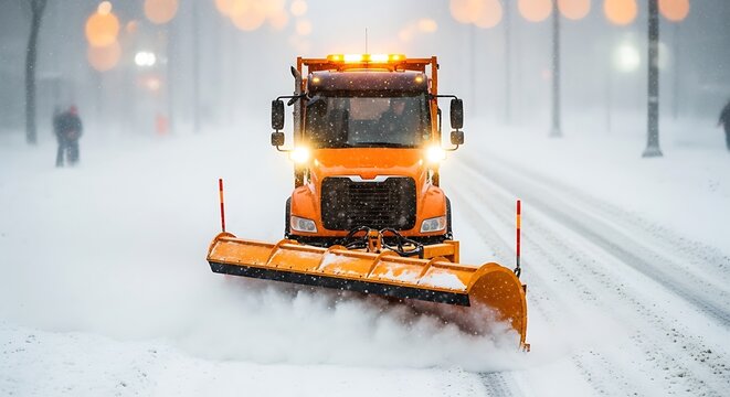 Orange snow plow clearing road during snowfall orange truck