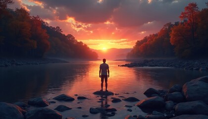 Fototapeta premium Man stands on rocks in river watching vibrant sunset over water. Forested hillsides with autumn foliage frame the serene waterscape. Fiery orange sky reflects on calm water surface.