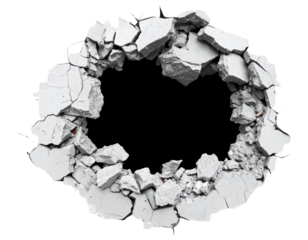 Rough Damaged Wall with Large Irregular Hole Exposing Hollow Space, isolated on transparent background