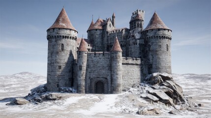 Fototapeta premium Gray stone castle on snowy, barren landscape