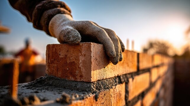 Bricklayer Placing Brick In Wall