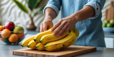 Person arranging yellow bananas on wooden board with fruit bowl bunch hands