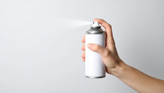 Hand Pressing Nozzle of a Blank White Aerosol Can, Releasing Mist