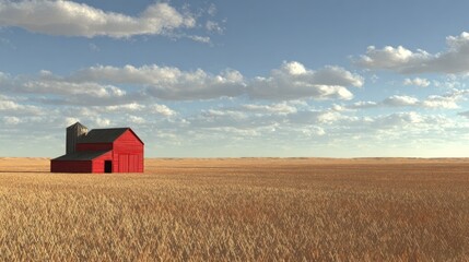 Red barn in golden field under a partly cloudy sky