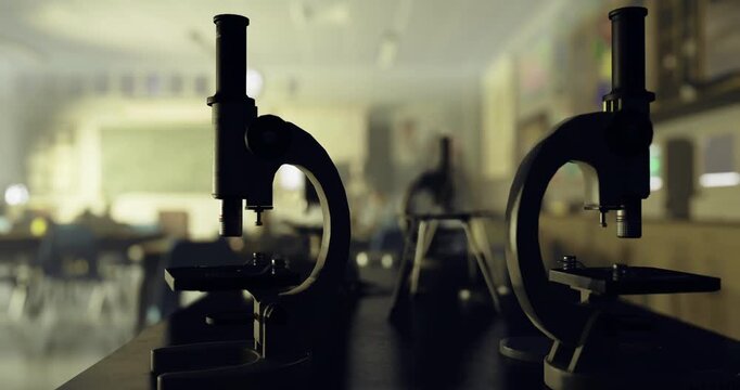 Several microscopes are arranged on a lab table in a school classroom. Students are engaging in a science lesson, with dim afternoon light creating a focused atmosphere.