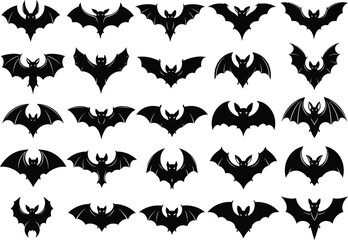 Fototapeta premium Collection of diverse black silhouette flying bats with textured wings in various dynamic poses against a white background