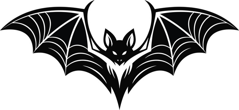 Stylized black silhouette of a fearsome bat with outstretched wings and sharp claws against a white background