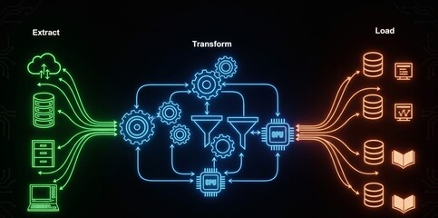 Data flow diagram. Process decomposition and data flow analysis. Engineer using laptop computer to manage data processing system.  