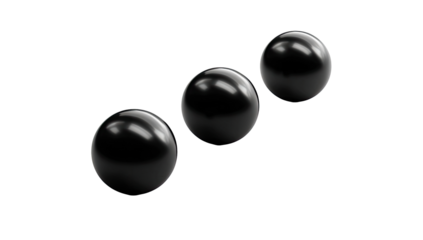 Three glossy, black spheres in a diagonal row against a black background.  Each sphere displays a smooth, reflective surface