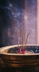A close-up view of incense burning in a temple bowl on Buddha's holy day. ai generated
