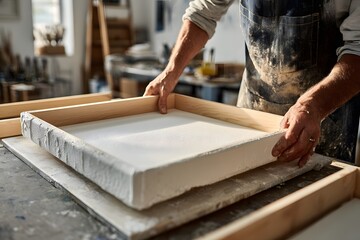 Artist preparing primed canvas in studio