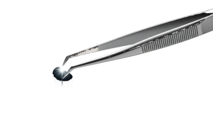 Tweezers holding small sparkling object isolated on a transparent background