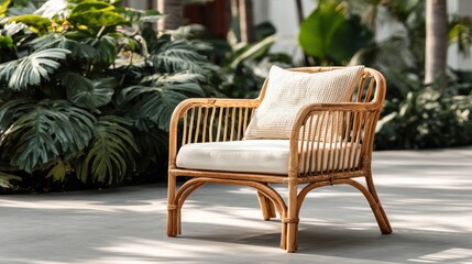 Obraz premium Beige wicker chair in garden setting
