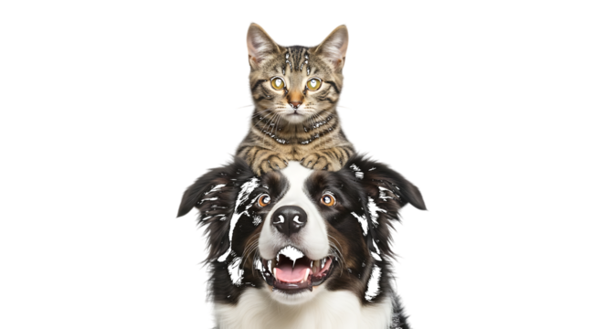 Tabby cat on border collie head isolated on a transparent background