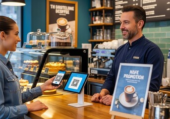 Customer using mobile payment at cafe counter