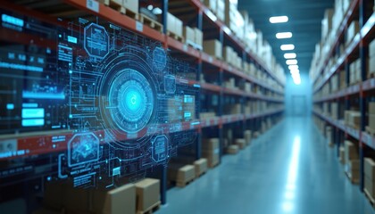 AI system optimizes warehouse management, analyzing sales patterns, stock levels, demand forecasts. Futuristic technology enhances efficiency, reduces waste. Digital interface shows data analysis in