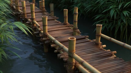 Fototapeta premium Wooden bamboo bridge over calm water, lush greenery