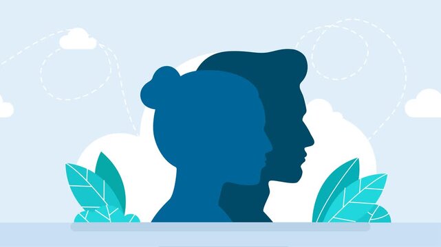 A man and a woman are looking together in the same direction. Man and woman silhouette face to face. Man`s and woman`s face silhouette. Beauty salon, spa, massage, cosmetic shop. 2d flat animation