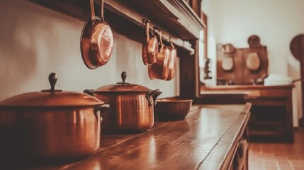 Antique copper cookware on a wooden kitchen counter
