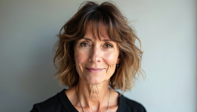 Portrait of mature woman with trendy shaggy lob haircut, featuring layered brown, blonde hair with subtle grey strands. Smiling face, with light makeup, natural skin texture, conveys confidence,