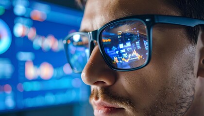 Man Wearing Augmented Reality Glasses Analyzing Data with Holographic Interface – Professional in High-Tech Environment Studying Digital Trends, Forecasting, and Business Analytics in Real Time