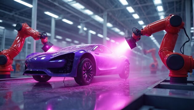 Futuristic factory showcases robotic arms precisely spraying purple paint onto a car body. Advanced automation, efficiency, and engineering define this modern automotive manufacturing process.