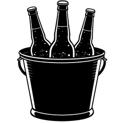 Three beer bottles in ice bucket monochrome silhouette vector illustration