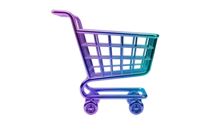 Stylish shopping cart icon symbolizing retail therapy and online shopping ease with vibrant blue and purple gradients for modern e-commerce designs