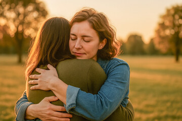 High-resolution photo of two women embracing at golden hour in a quiet park, their eyes closed as they share a deep emotional moment. The warm light and soft background evoke comfort, healing, support