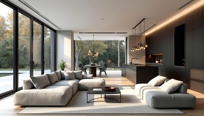 Fototapeta premium Elegant modern open concept home interior featuring spacious living area with large sectional sofa, sleek black kitchen with island. Dining table, chairs set near large windows overlooking rich green