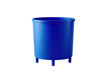 A vibrant, solid blue cylindrical container, standing on three small, rounded feet