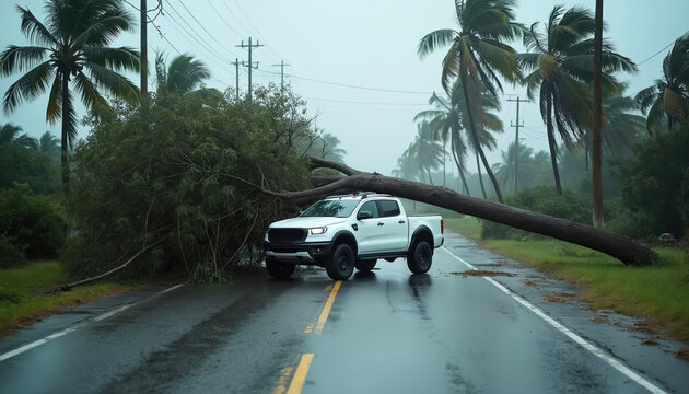 White pickup truck navigates wet road blocked by fallen tree after hurricane. Strong wind bends palm trees, scattering debris. Power lines visible under stormy, overcast sky.