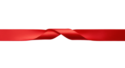 Elegant red satin ribbon, sleek and luxurious with subtle folds, centered horizontally against a transparent background in a high-angle studio shot, concept of quality and connection