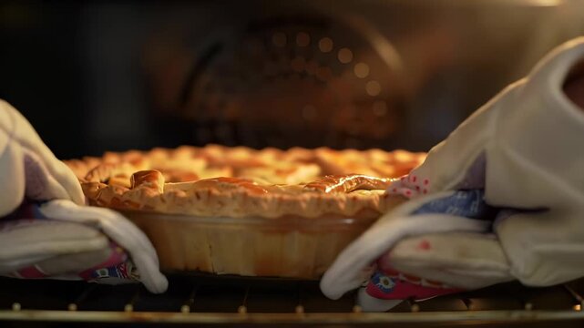 Freshly Baked Apple Pie in Oven with Caucasian Hands Wearing Oven Mitts