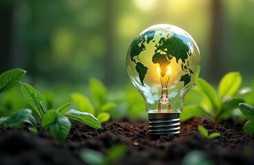 Lightbulb containing green world map glows with warm light. Set against lush green plants and soil, symbolizing eco-friendly technology, sustainable energy, and global environmental protection.