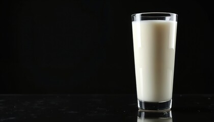Tall glass filled with fresh white milk stands isolated against stark black background. Shot from low angle, image emphasizes creamy texture, purity of dairy beverage. Clean, simple presentation