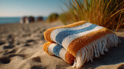 Striped towel sunbathing on sandy beach