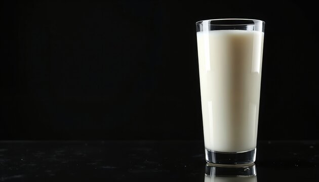 Tall glass filled with fresh white milk stands isolated against stark black background. Shot from low angle, image emphasizes creamy texture, purity of dairy beverage. Clean, simple presentation