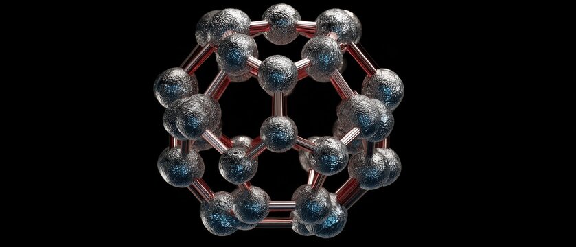 3D Rendering of Shiny Metallic Molecular Structure: Geometric Symmetry with Spheres and Rods on Black Background for Science, Education, Digital Art